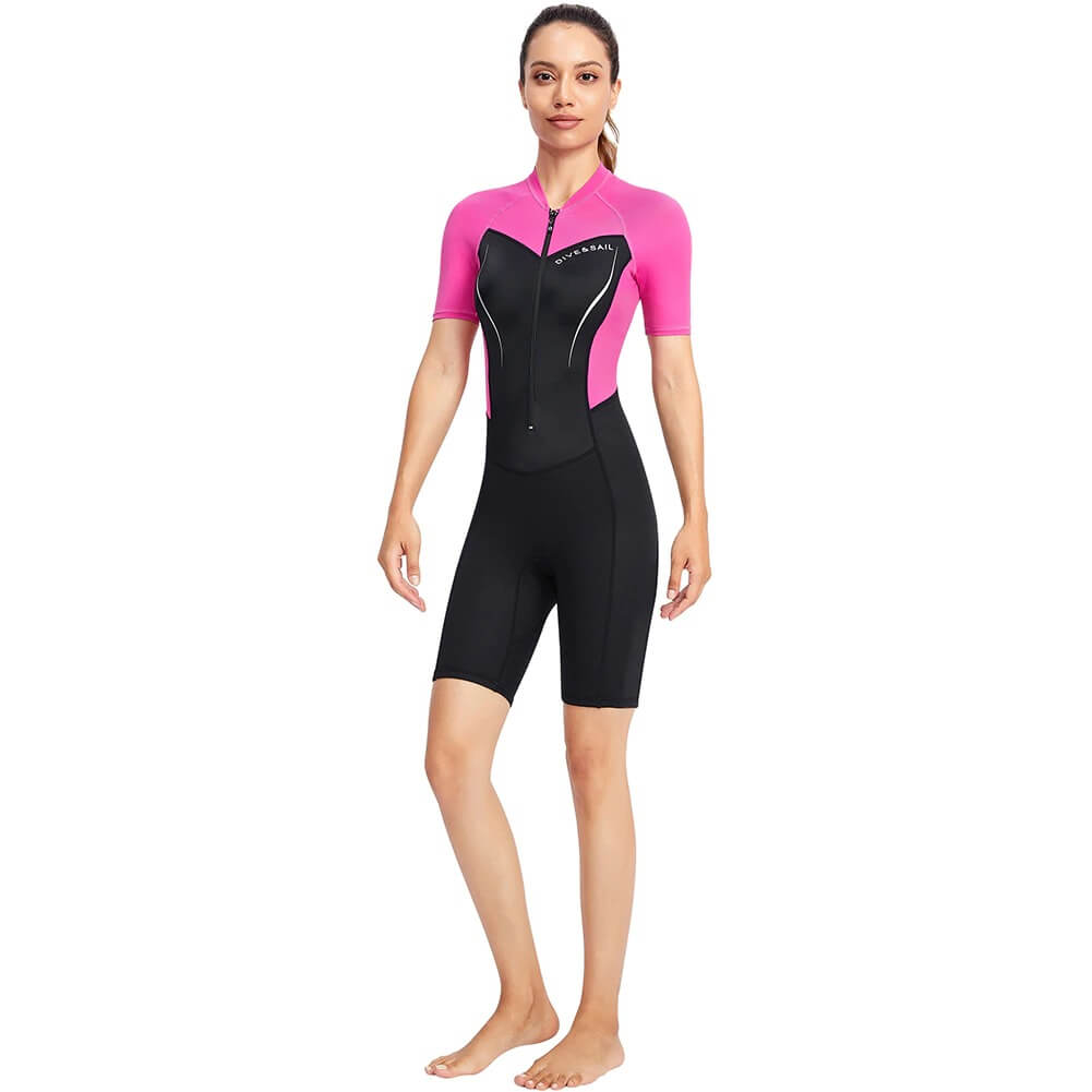 Women's 1.5mm neoprene wetsuit in pink and black for surfing and diving, designed for warmth and protection, SF0577 model.